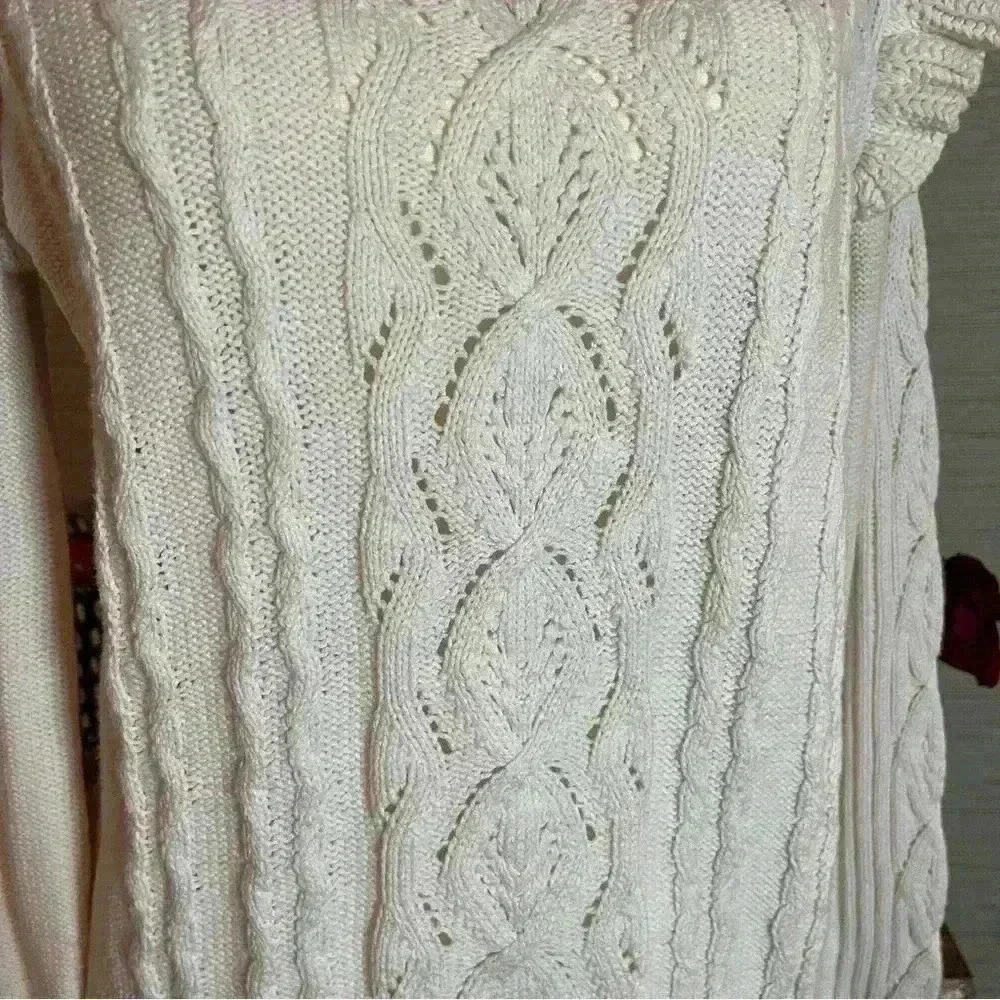 Ann Taylor Loft White Knit Sweater Ruffle Sleeve Cable Knit Women’s Size Medium - Picture 4 of 12